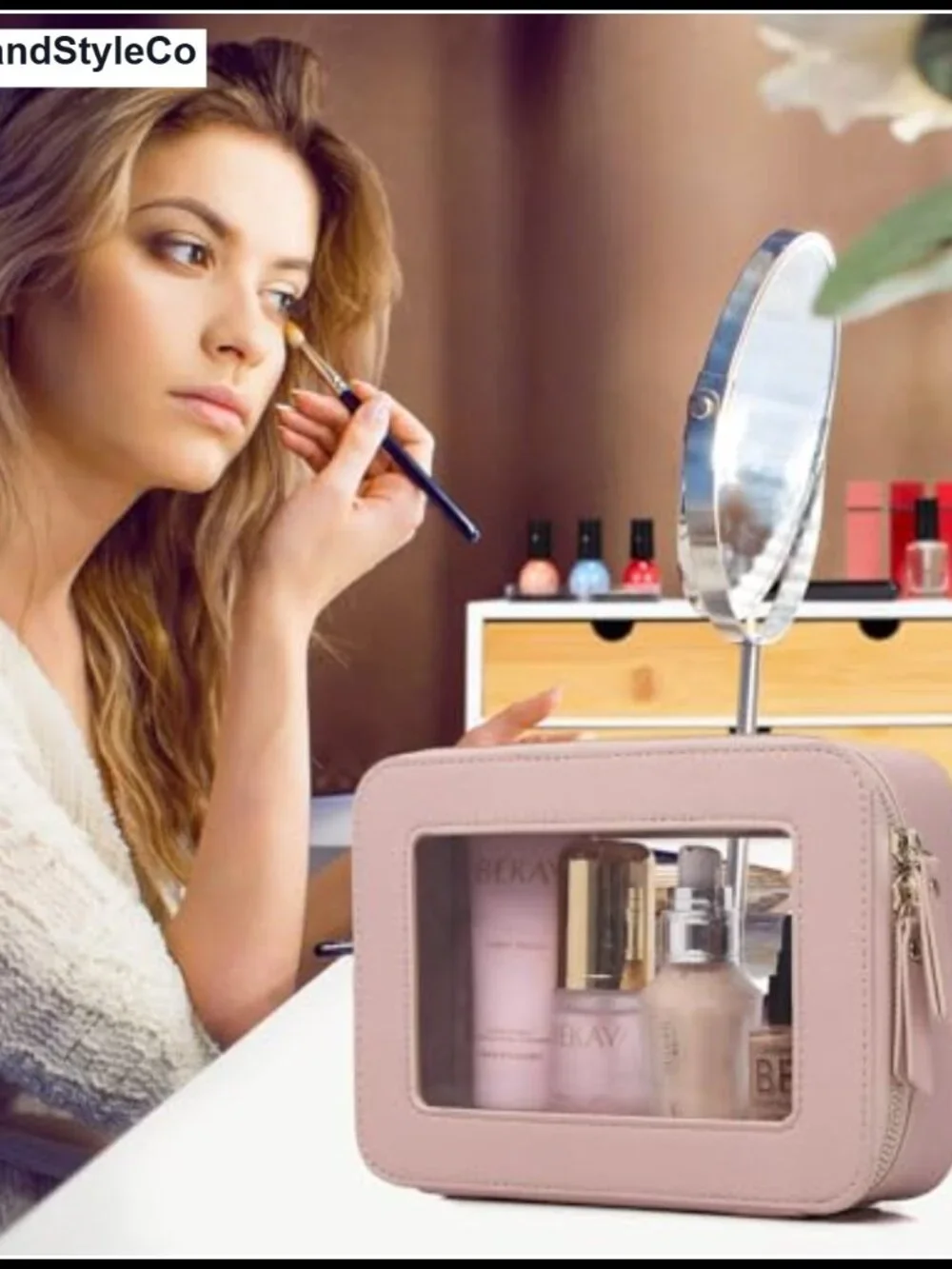 Clear Makeup Bag Set with Faux Leather Trim, 3 Pieces, TSA Approved
